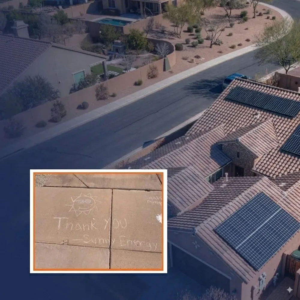 Aerial view of Arizona homes with rooftop solar and a thank-you note from a customer