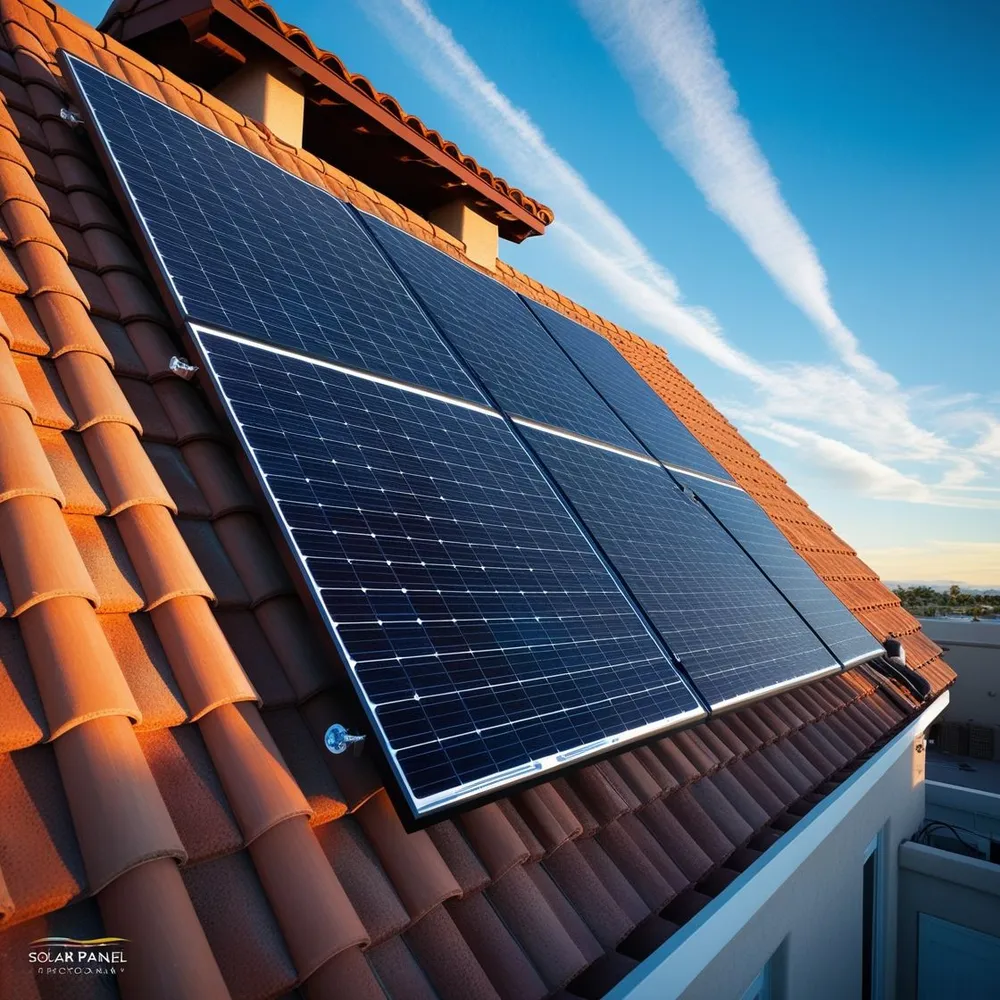 Rooftop solar panels on an Arizona tile roof under a clear blue sky