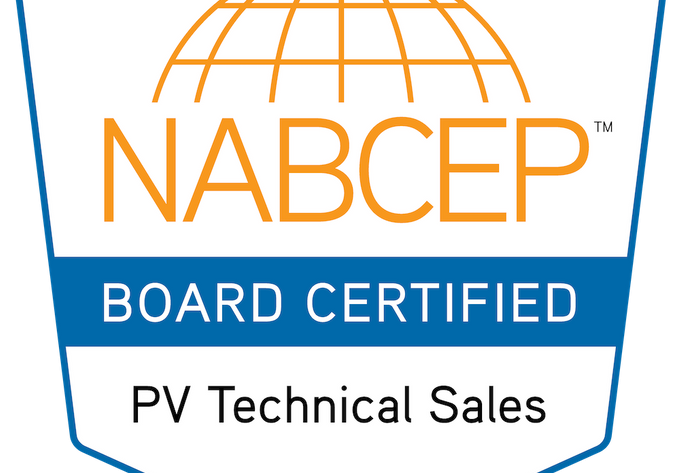 NABCEP - BOARD CERTIFIED - PV TECHNICAL SALES